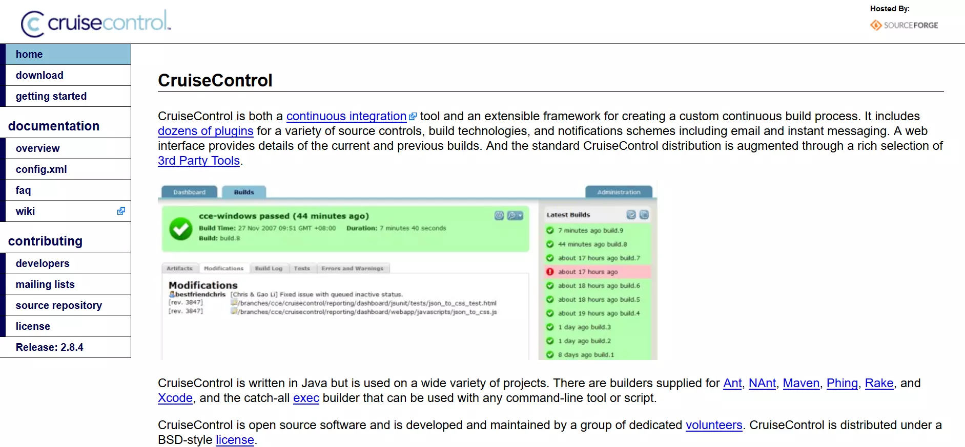 Immagine: Screenshot della homepage di CruiseControl