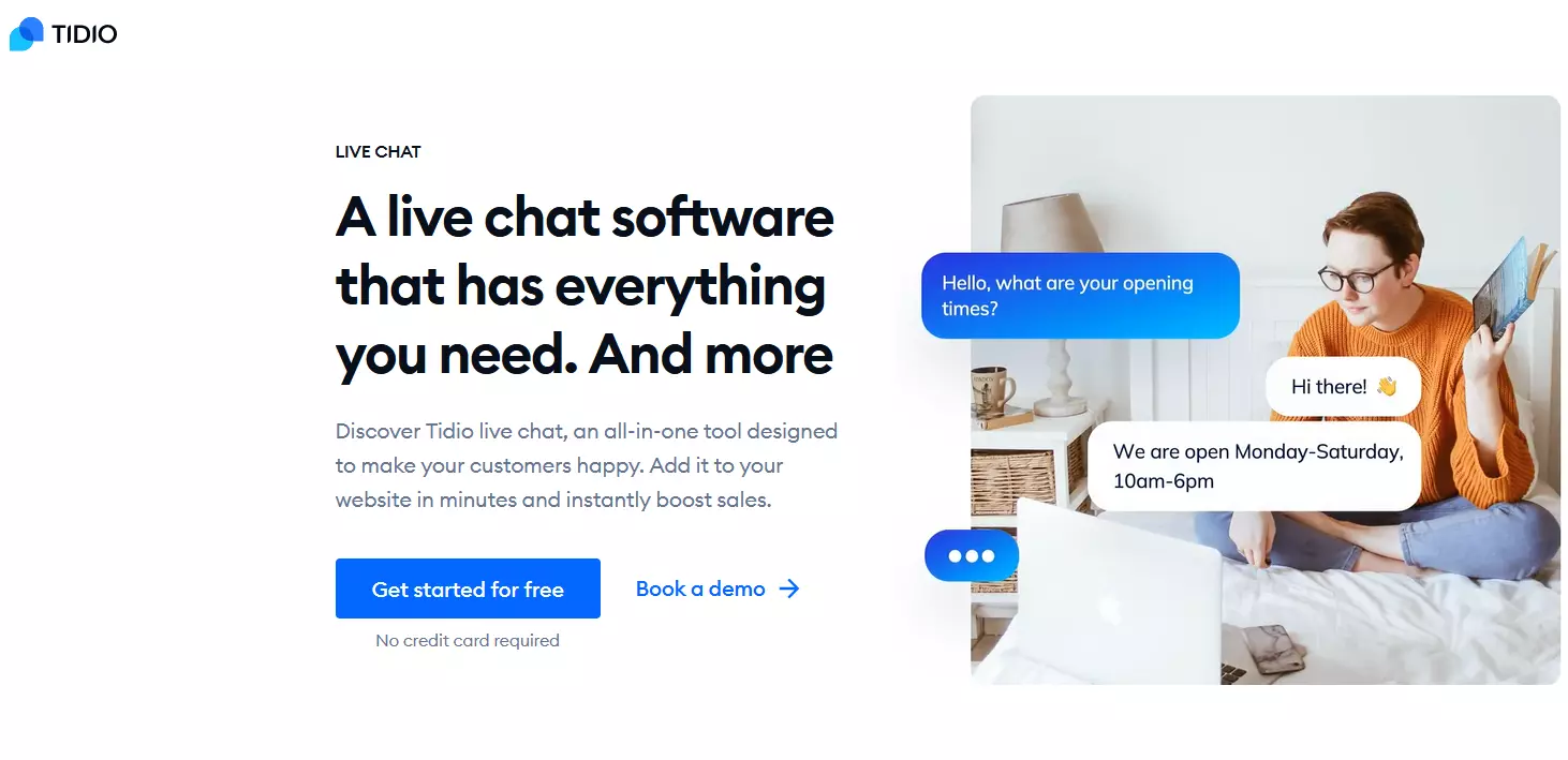 Sito web del software di live chat Tidio Immagine: Sito web del software di live chat Tidio